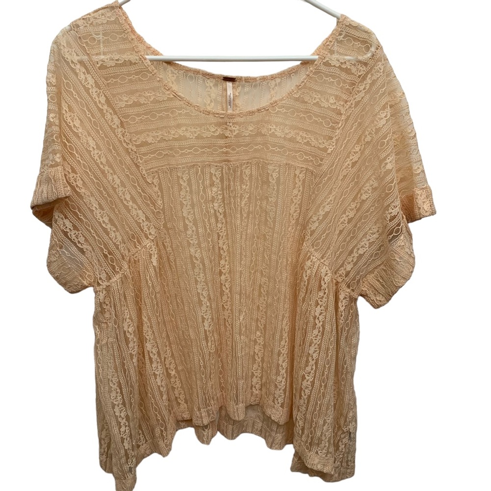 Free People Sheer Lace Boho Blouse Peach Boxy Top Large Romantic Festival - Picture 2 of 13